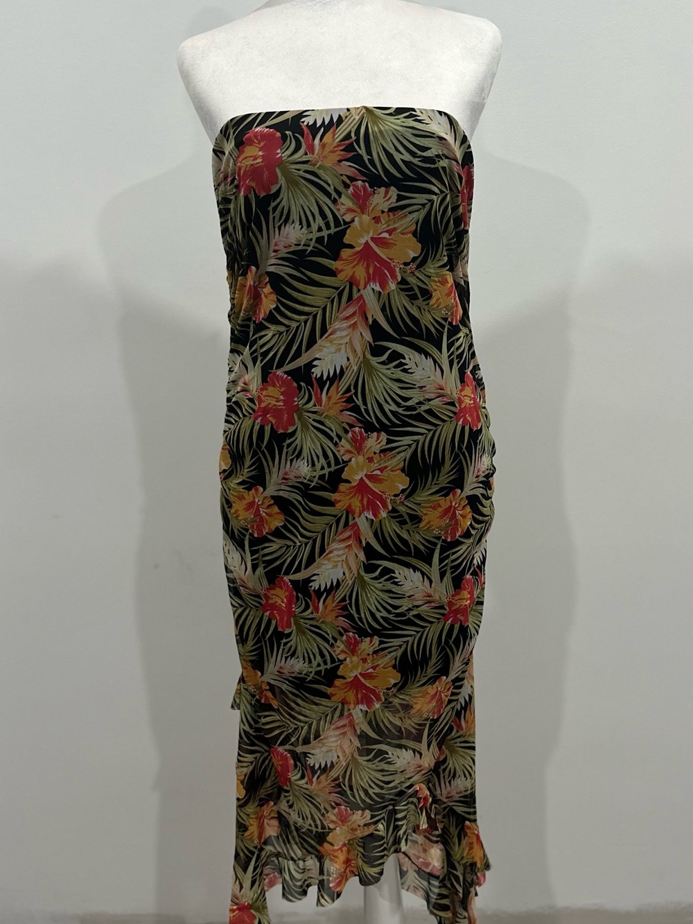Tropical Strapless Maxi Dress - Black with Coral & Yellow Floral Print